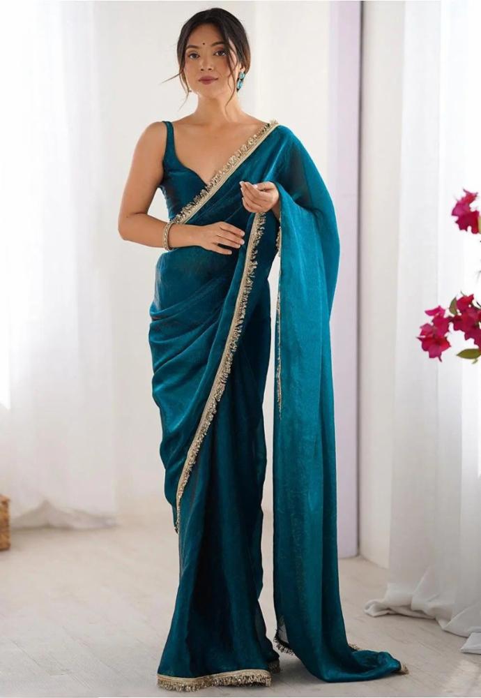 Women Plain Teal Saree 