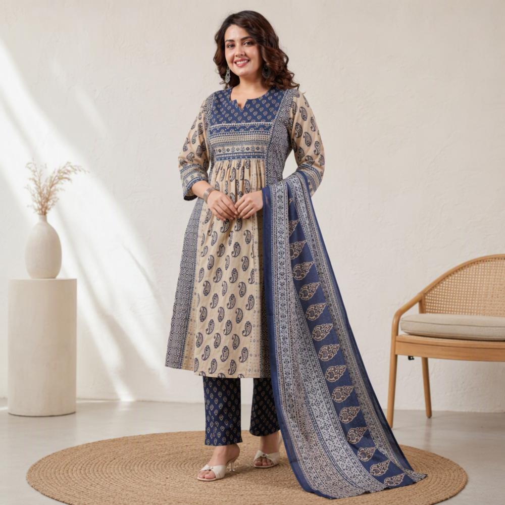 Womenâs Pure Cotton 60x60 Kurti Pant Dupatta Set