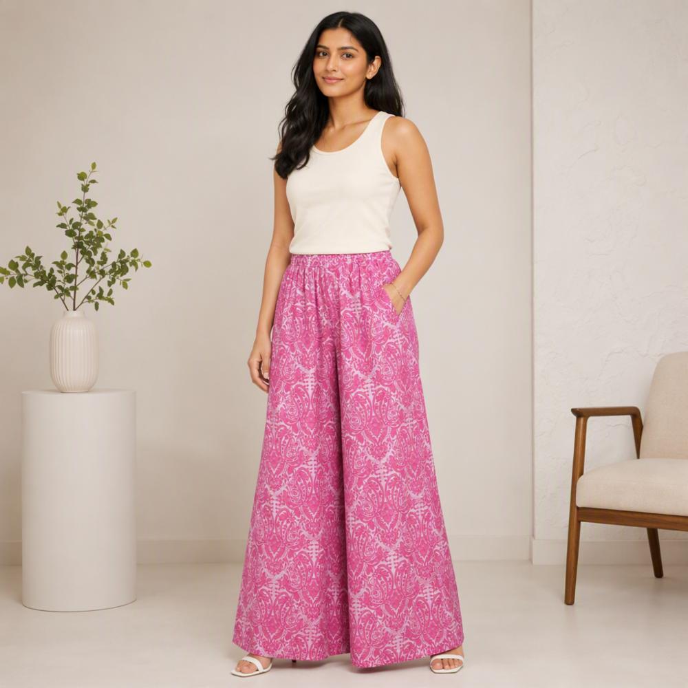 Women's Beige Rayon Floral Print High-Waisted Wide-Leg Palazzo Pants with Side Pocket