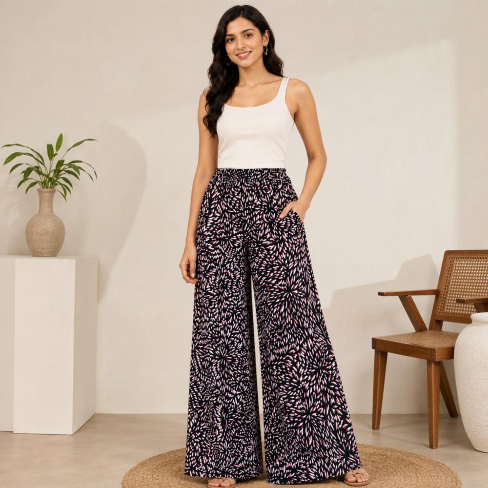 Women Black Abstract Print Rayon Palazzo