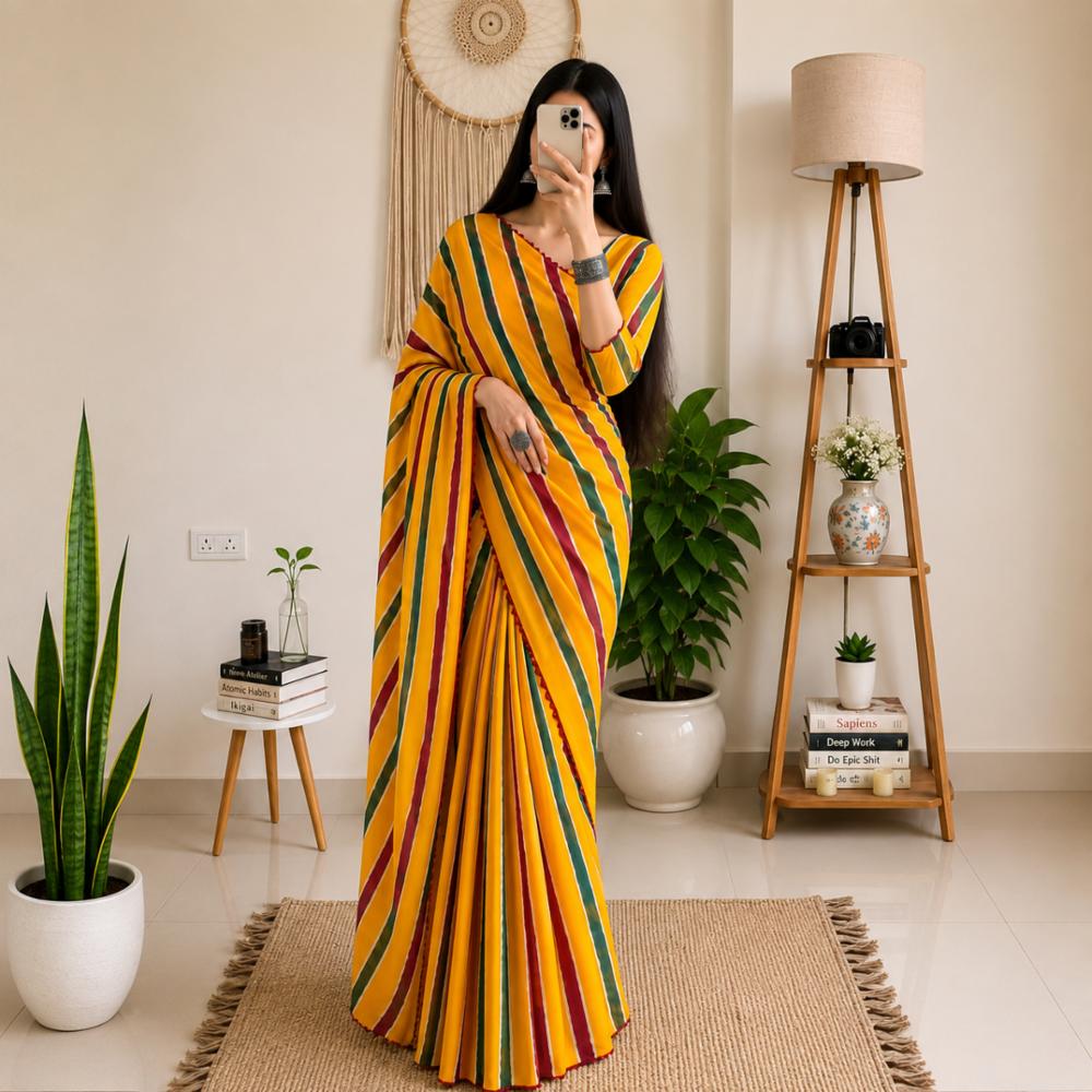 Light Weight Soft Kota Chex Digital Floral Print Saree with Contrast Cutwork Border and Printed Blouse