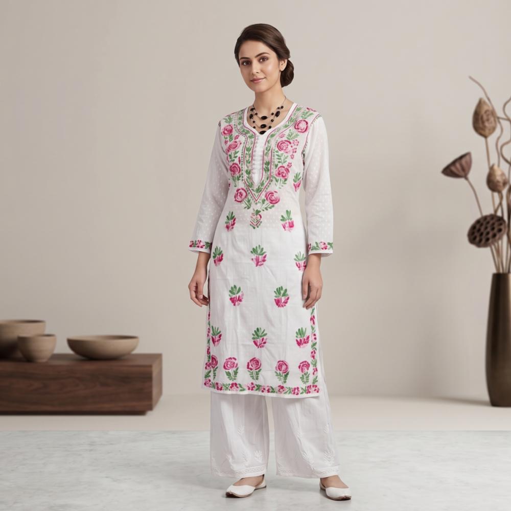 Pure Doria Cotton 2 Piece Chikankari Kurti Pant Set, Hand Work!