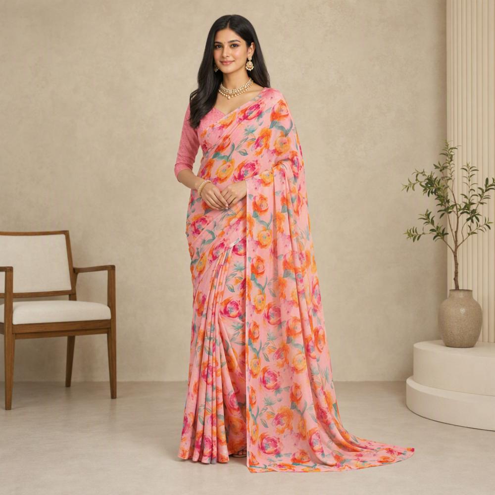 New Casual Printed Georgette Saree with Blouse