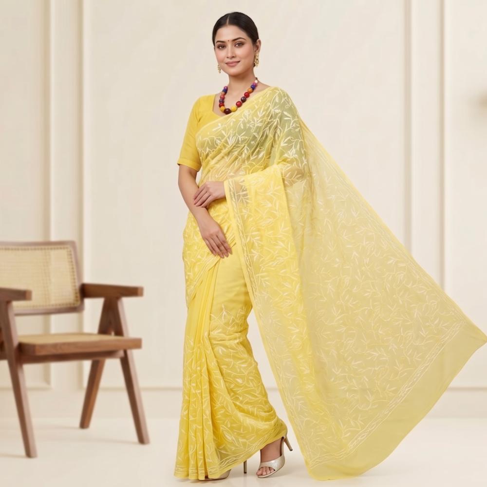 Pure Chiffon Lucknow Chikan Hand Stitch Saree with Blouse!