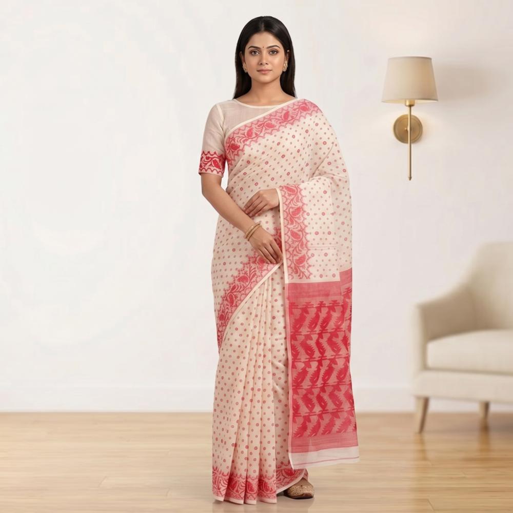 Pure Cotton Handwoven Jamdani Saree with Blouse Piece!