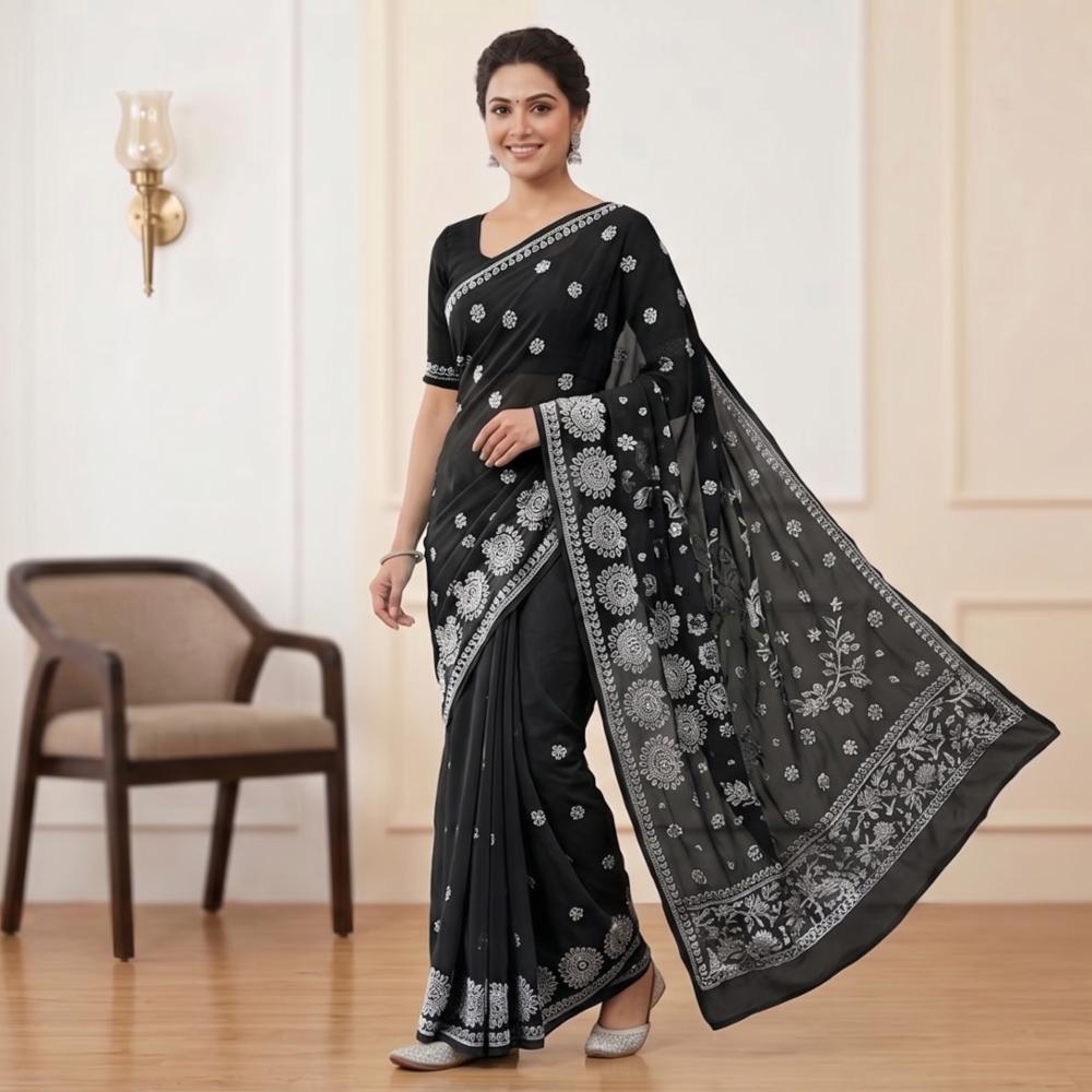 Pure Chiffon Lucknow Chikan Saree with Blouse Piece!