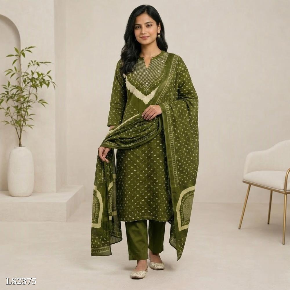 Bandhej Jaipuri Print Cotton Kurta Set with Mirror Work and Dupatta