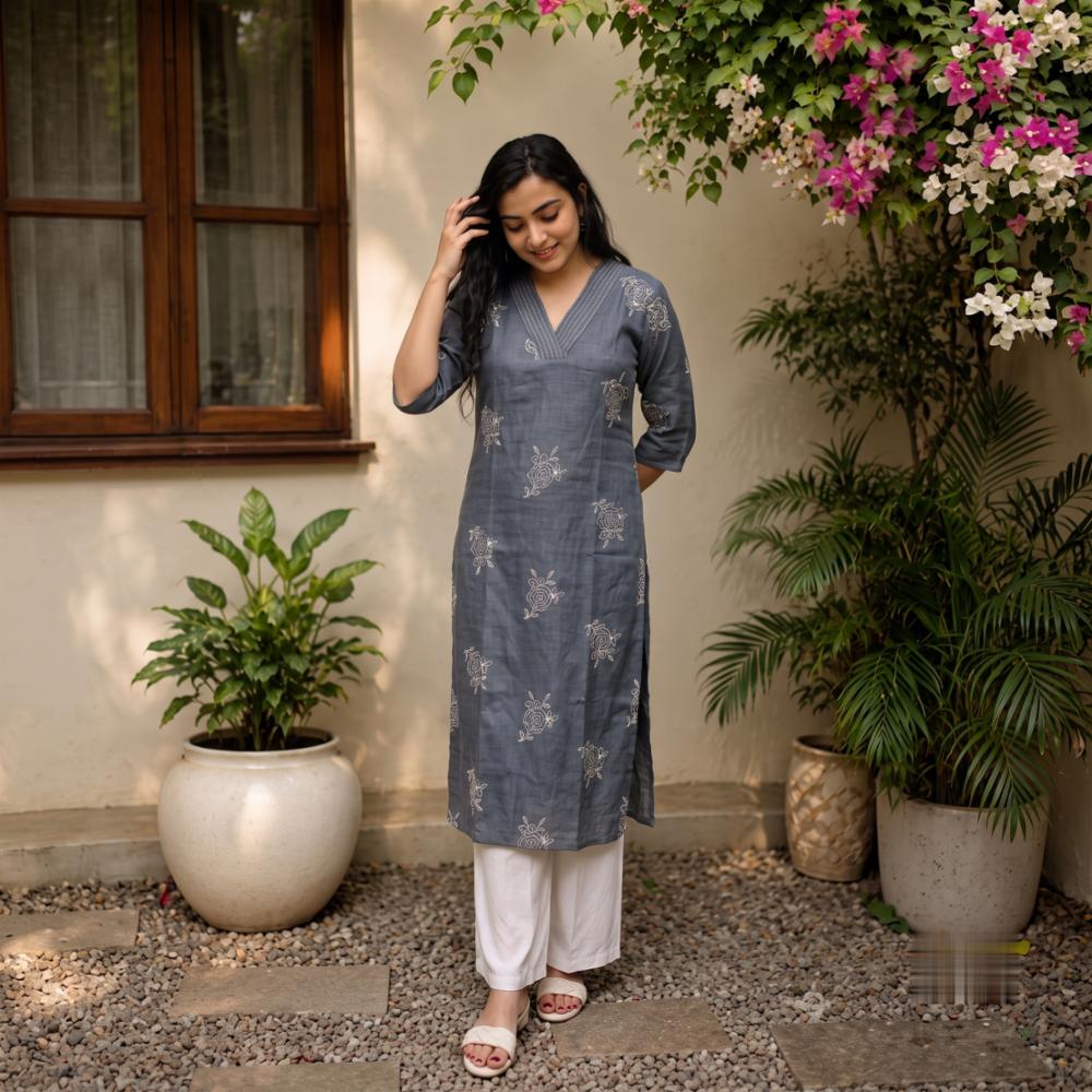 Linen Cotton Floral Embroidered Straight Kurti â Grey & Wine