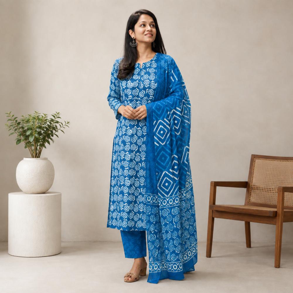 Bagru Hand Block Indigo Cotton Suit Set with Dupatta