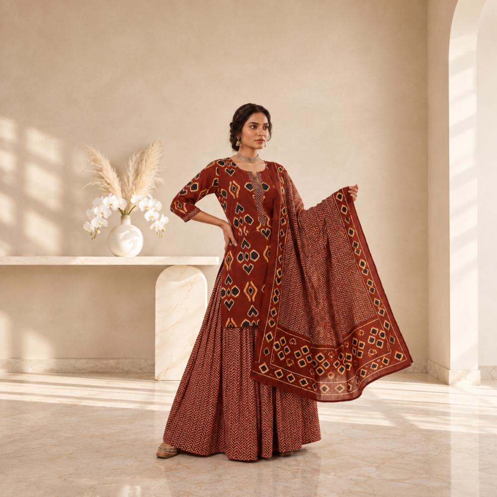 Premium Jaipuri Printed Cotton Kurta Set with Skirt & Dupatta