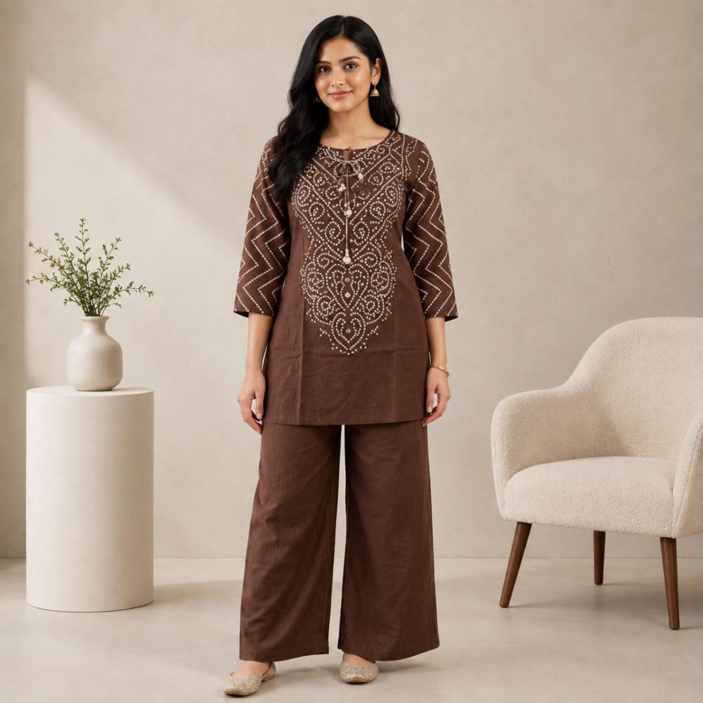 Bandhani Print Cotton Kurti and Pant Co-ord Set for Women