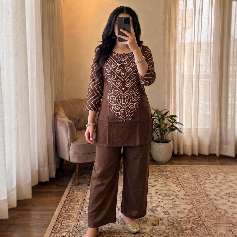 Premium Cotton Bandhani Printed Kurti Pant Set with Handwork Neckline