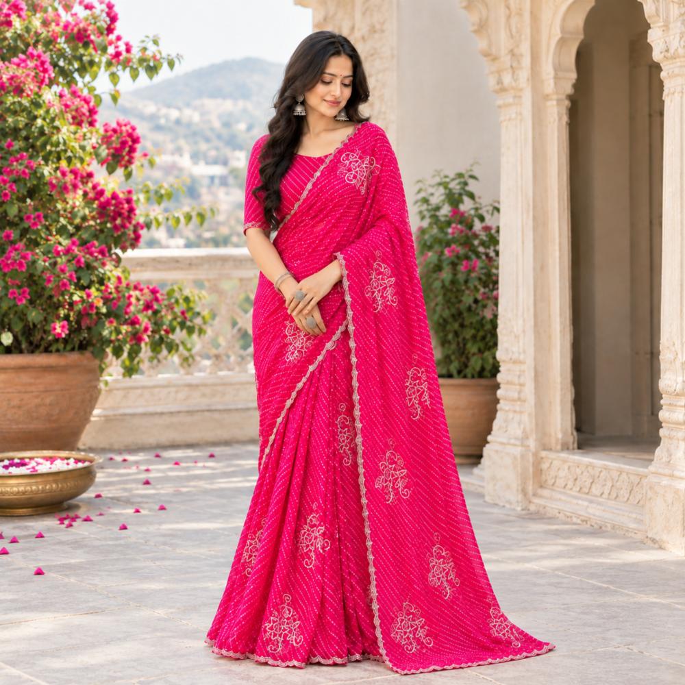 Pure Georgette Mothda Saree with Handwork and Border