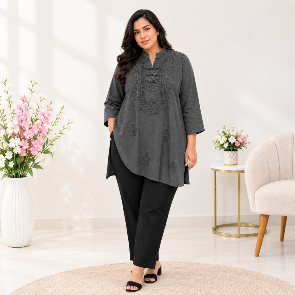 Women Rayon Embroidery Waist Knot Tunic Top
