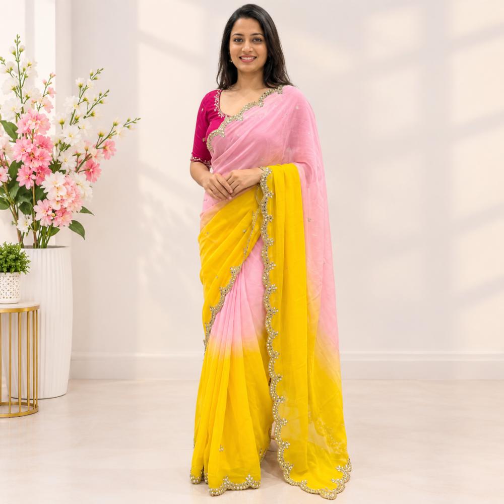 Half Pure Shiffon Cutwork Saree with Handwork Border and Contrast Blouse