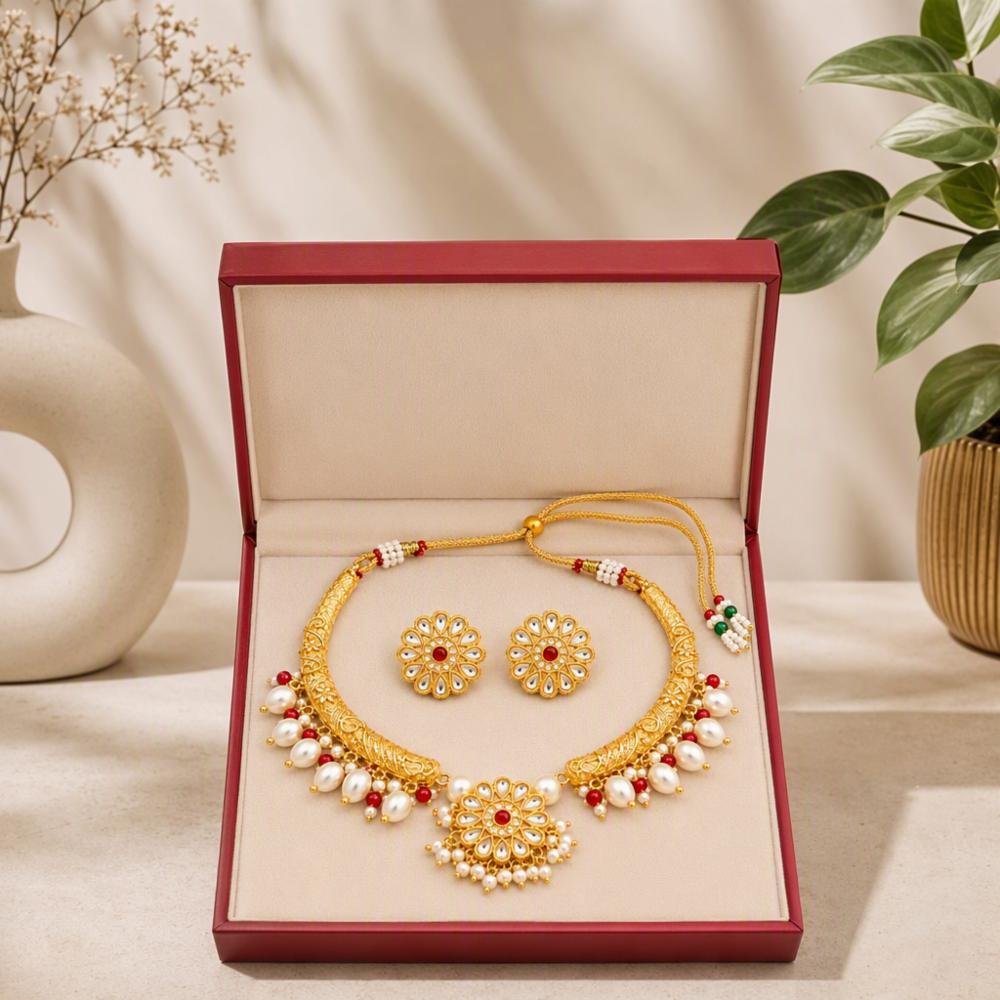 Bridal Kundan Gold Tone Pearl Choker Necklace Set with Red Green Beads