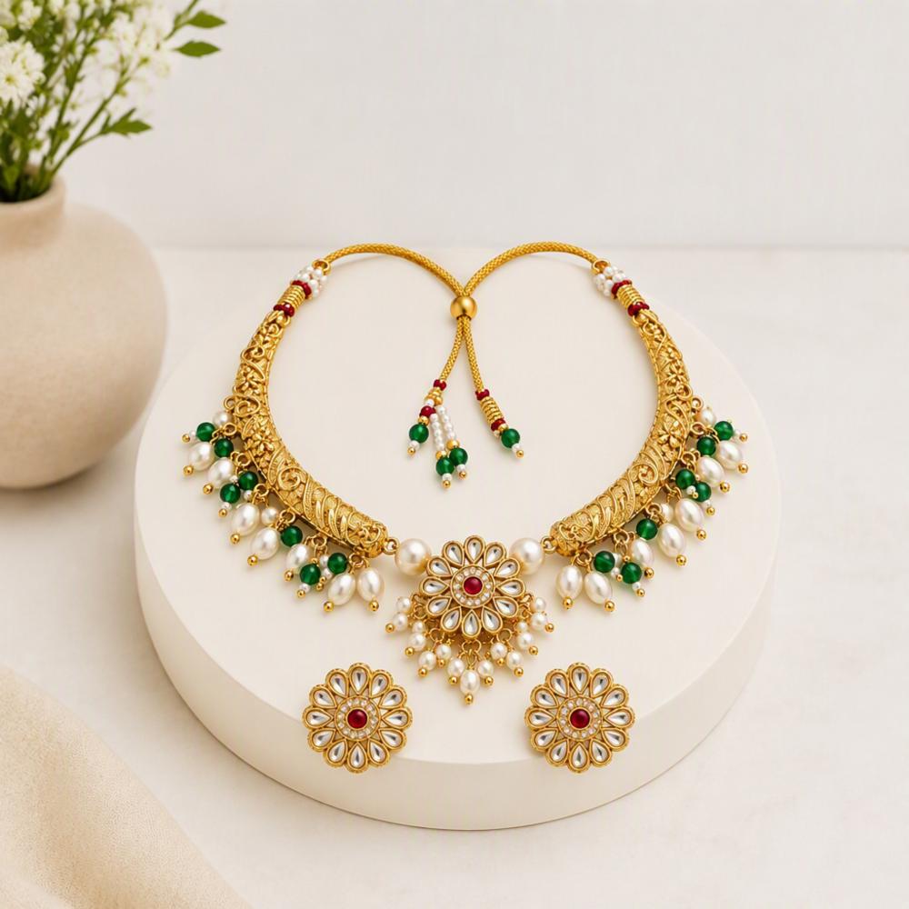 Bridal Kundan Necklace Set with Green Pearl Choker and Matching Earrings