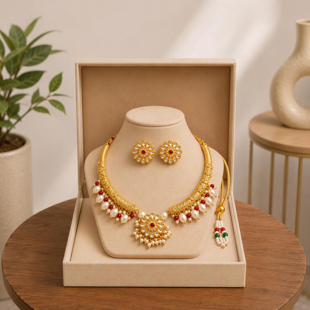 Bridal Kundan Necklace Set, Pearl Choker with Red Beads, Gold Tone