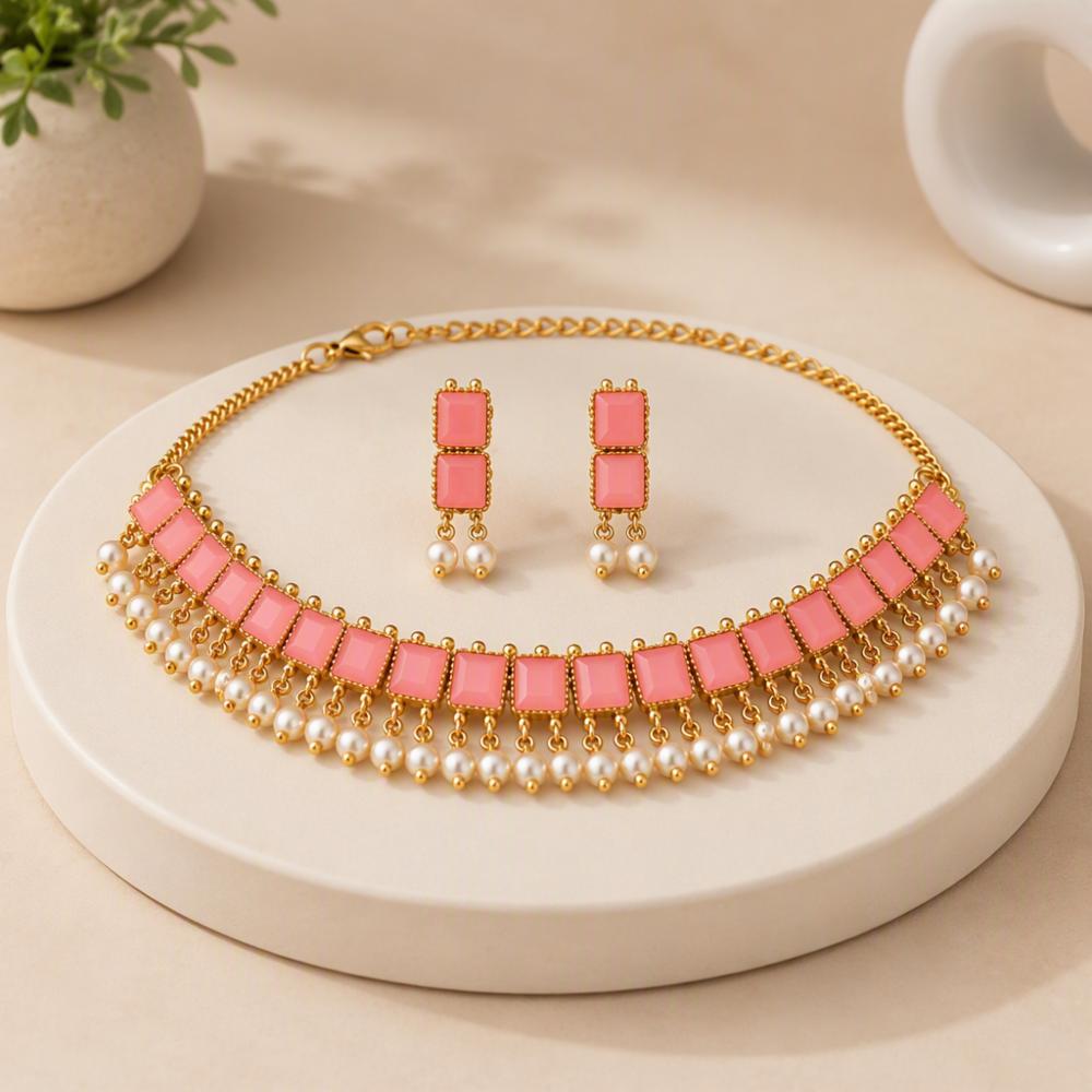 Pink Kundan Pearl Choker Necklace Set with Earrings