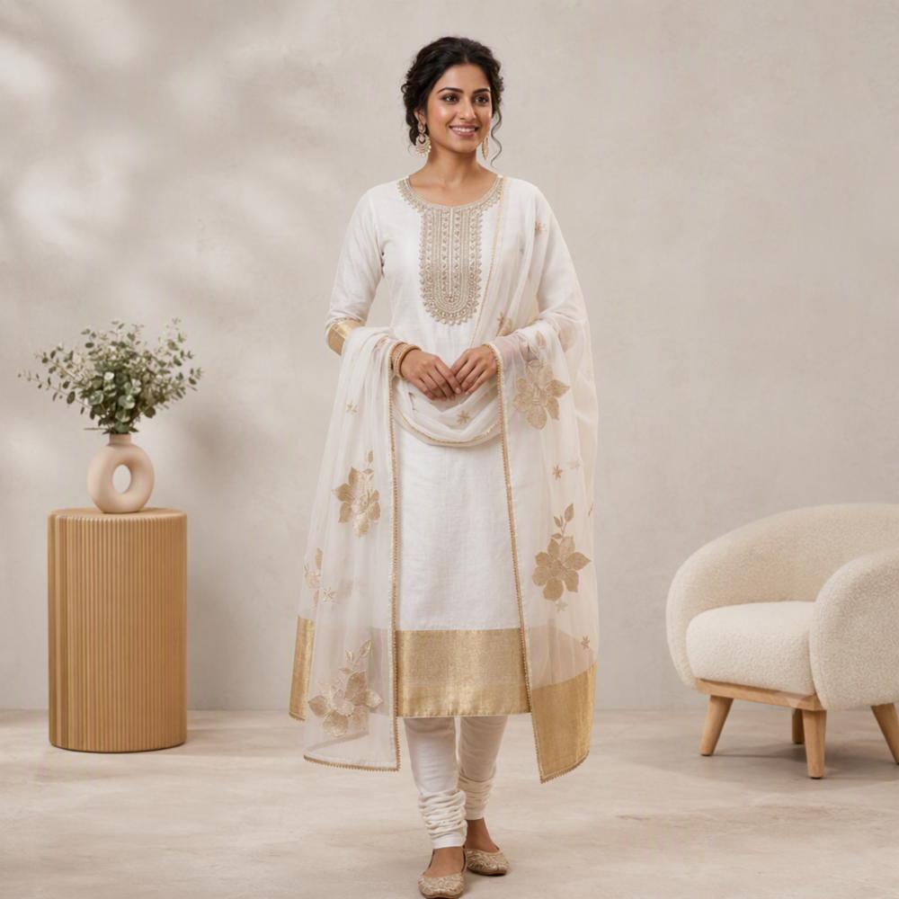 Premium Tussar Silk Handwork Unstitched Dress Material with Dupatta