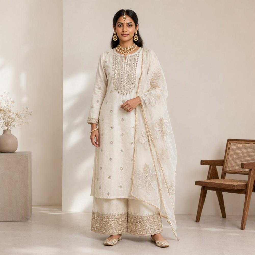Premium Tussar Silk Handwork Unstitched Dress Material with Dupatta