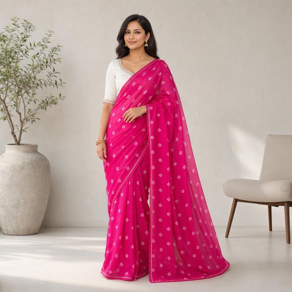 Special Gulti Bandhej Saree with Chamundi Chiffon Fabric and Blouse