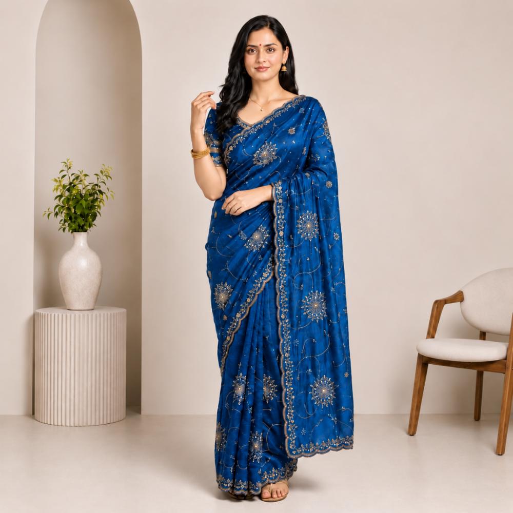 Pure Silk Saree with Gold Beads Work and Cut Work Border