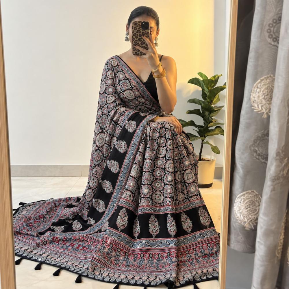 Japan Satin Silk Saree with Heavy Mirror Work and Viscose Latkan Border