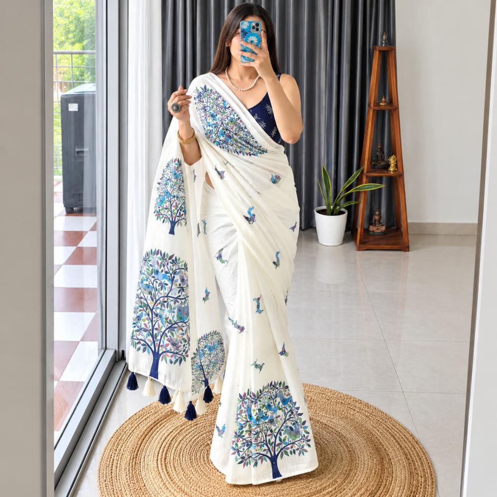 Soft Linen Saree with Mirror Work and Floral Digital Print