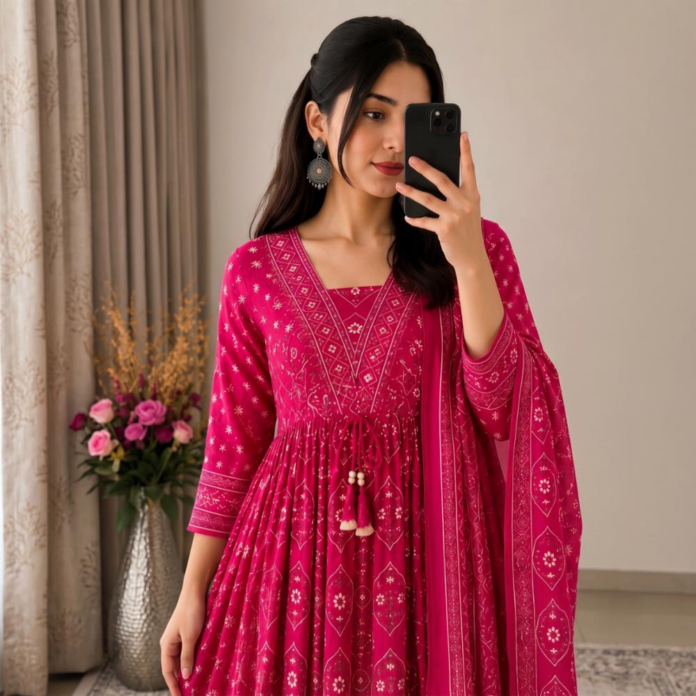 Designer Pure Cotton 60 60 Anarkali Suit Set With Printed Dupatta