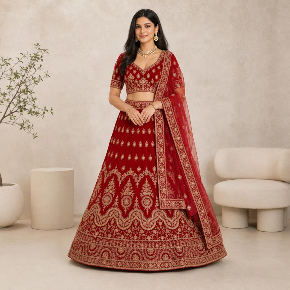 Bridal Velvet Lehenga with Zardosi Embroidery, Blouse, and Net Dupatta - Maroon
