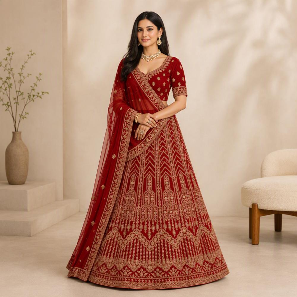 Bridal Velvet Lehenga Set with Zardosi Embroidery and Net Dupatta