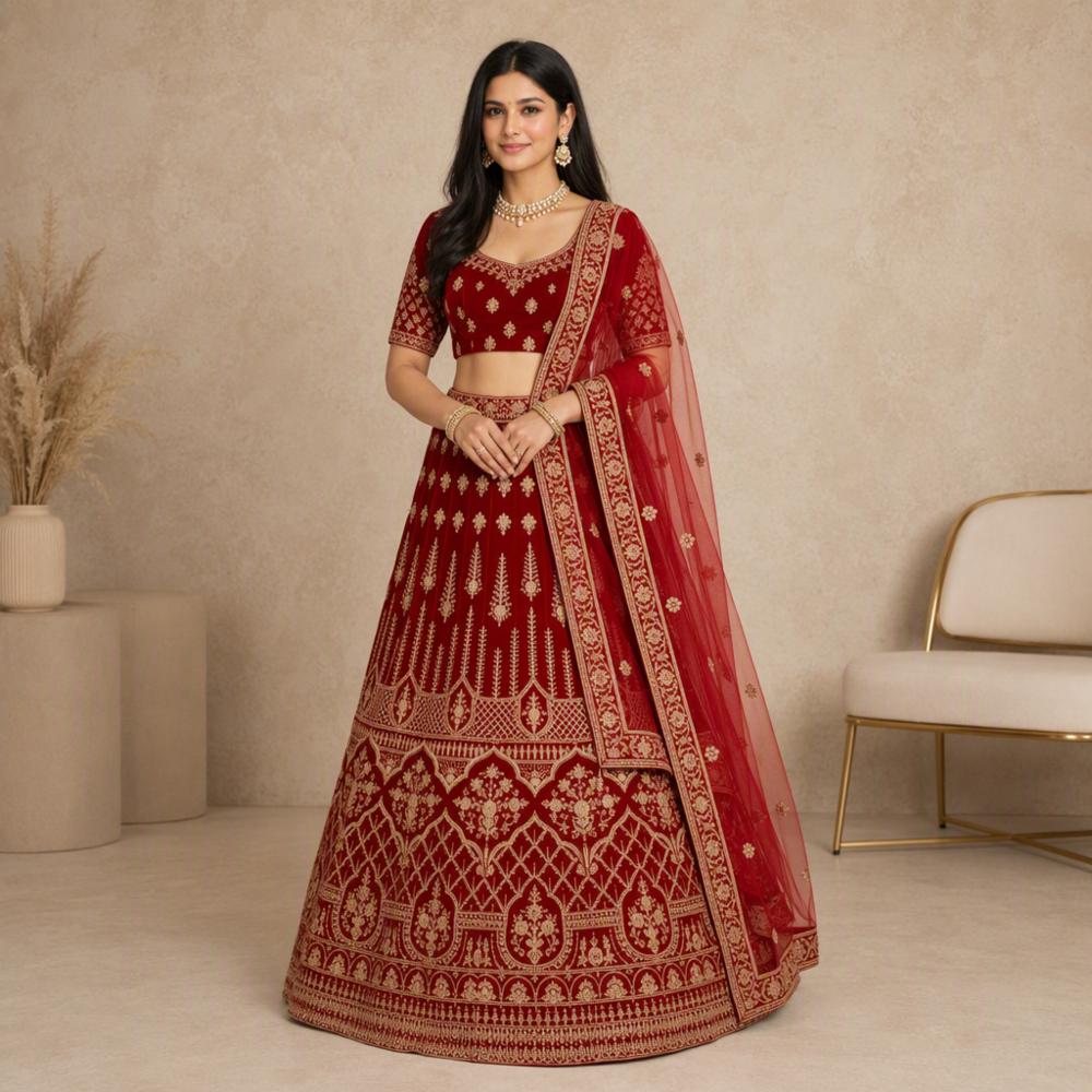 Bridal Velvet Lehenga Set with Embroidery, Blouse, and Net Dupatta