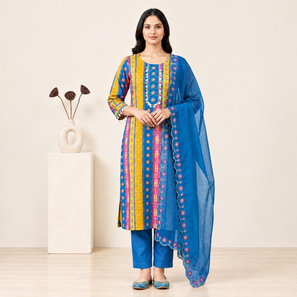 Muslin Silk Designer Suit Set with Handwork and Organza Dupatta