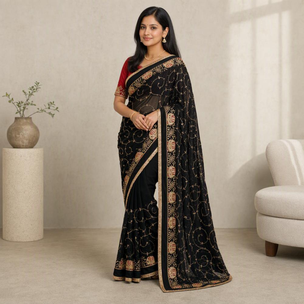 Black Georgette Embroidered Saree with Lace Border
