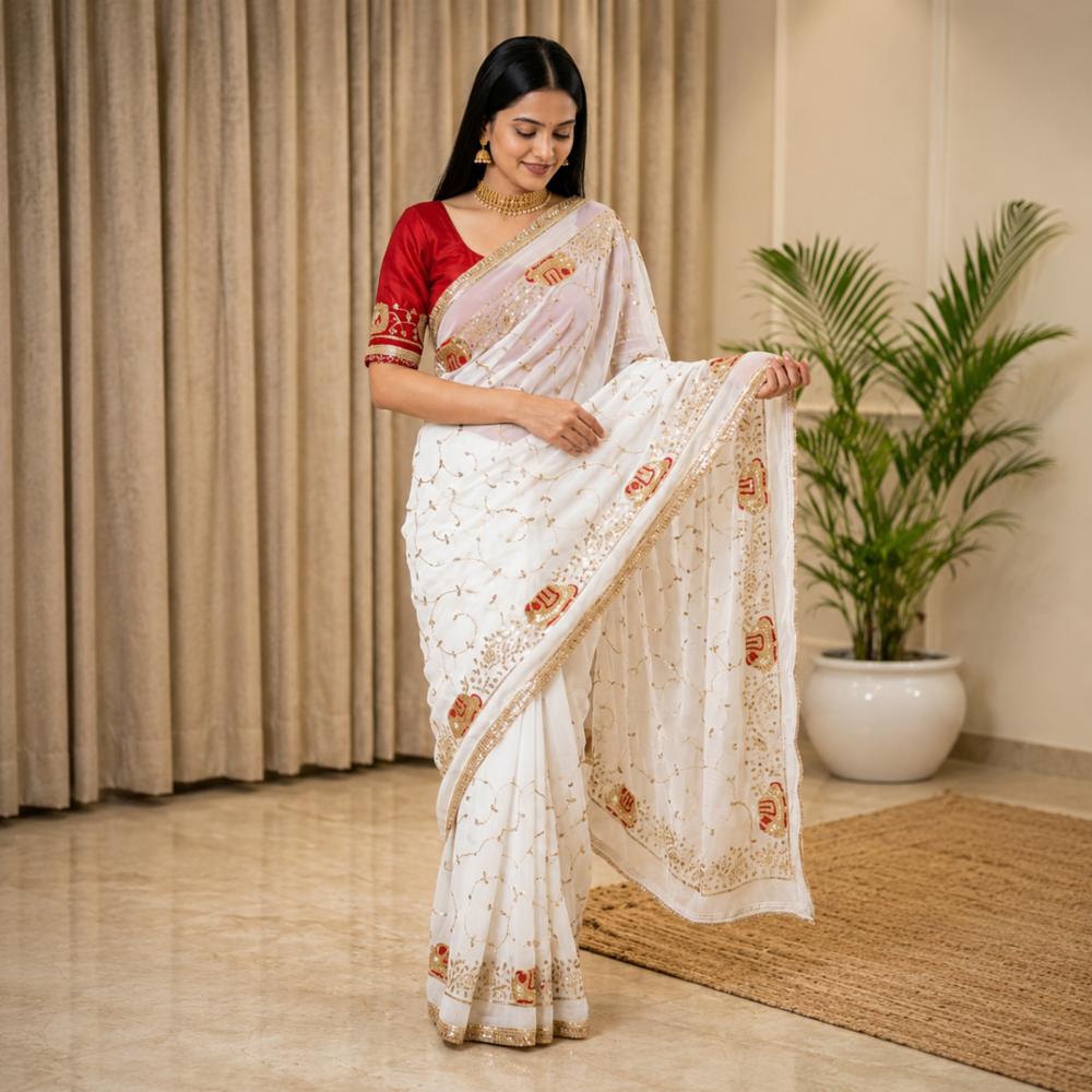 White Georgette Embroidery Saree with Lace Border and Blouse Piece
