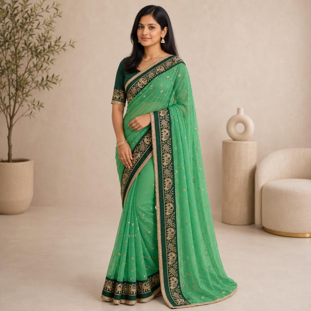 Green Georgette Saree With Rajwadi Sequence Work