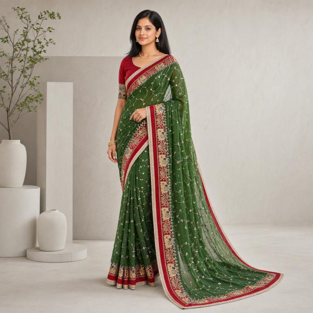 White Georgette Saree with Rajwadi Sequence Work C-Pallu and Border
