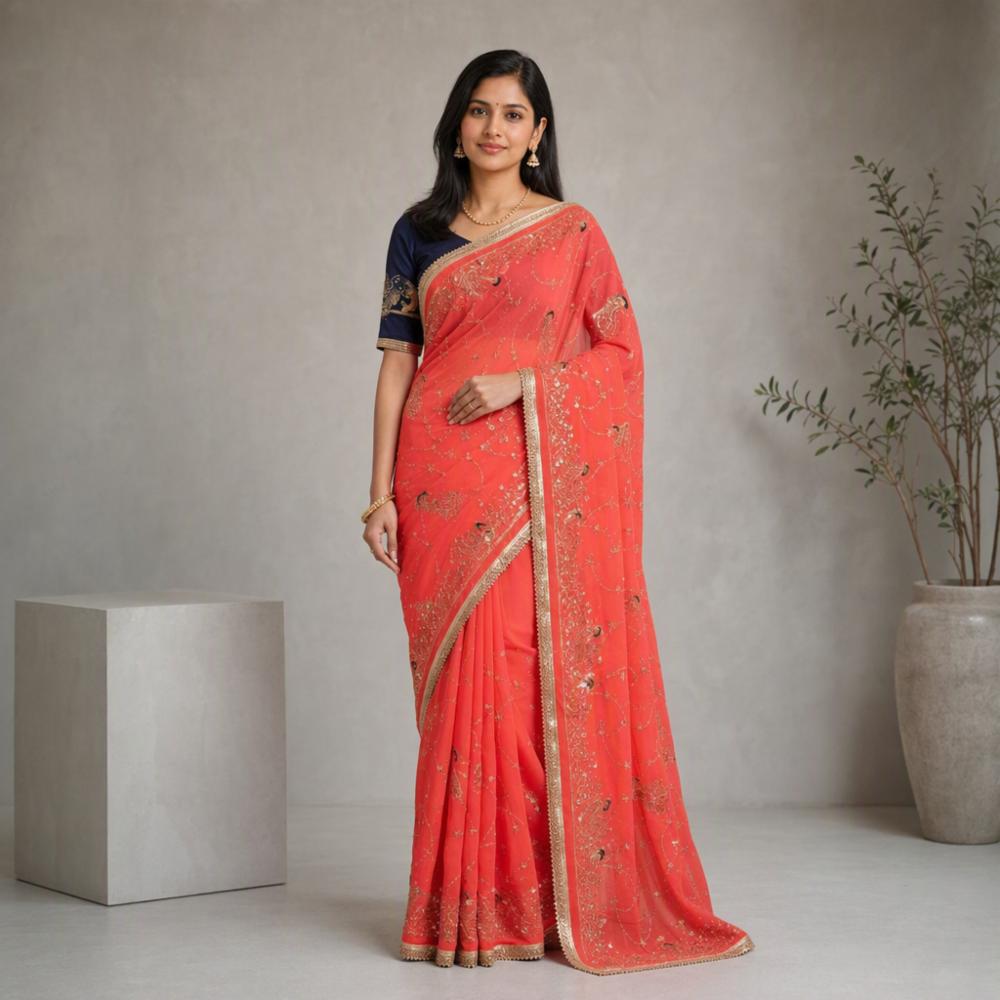 Georgette Saree with Heavy Embroidery Booti Work and Embroidered