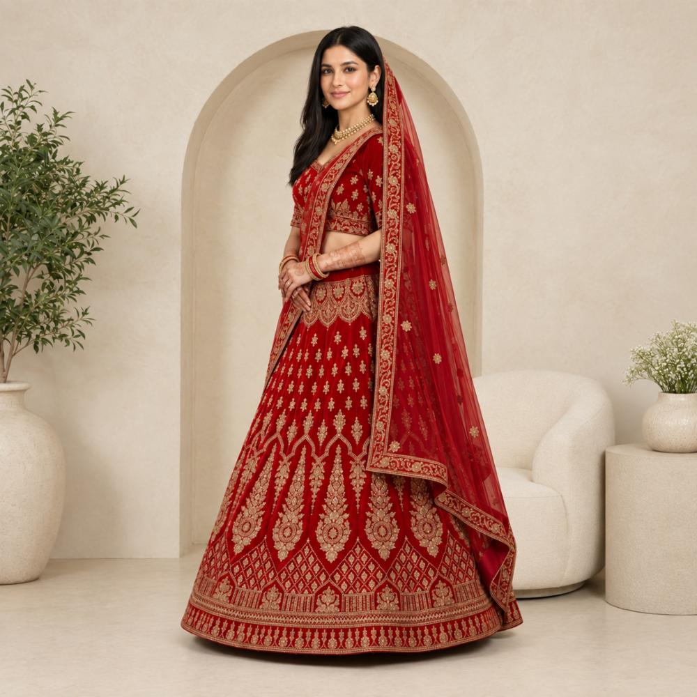 Bridal Velvet Lehenga Set with Gold Embroidery, Blouse, and Net Dupatta