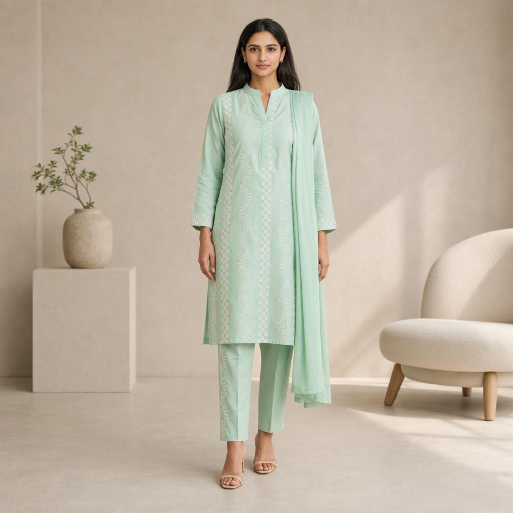Kashmiri Embroidery Unstitched Cotton Suit with Matching Cotton Dupatta and Bottom