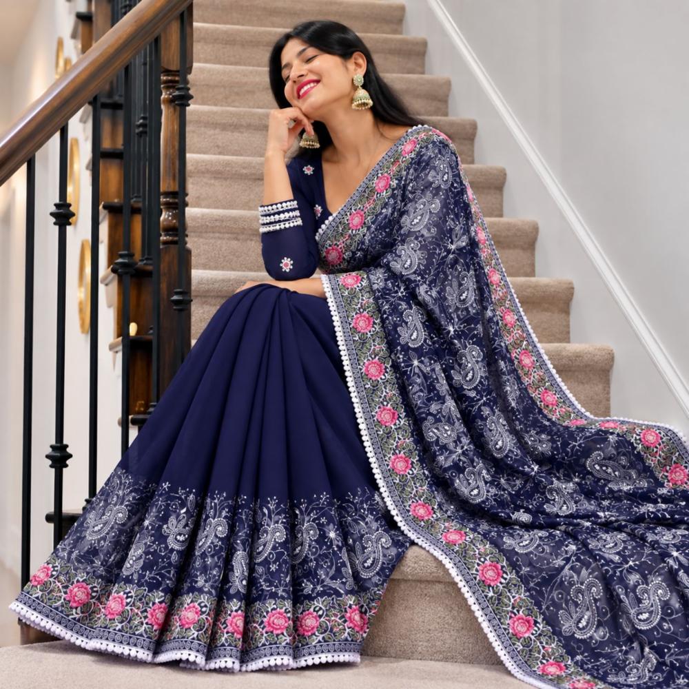 Soft Georgette Saree with Multi Color Chikankari and Lace Work