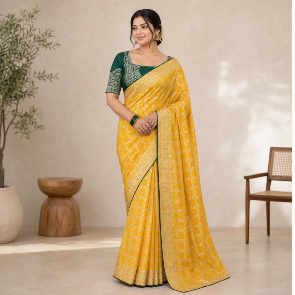 Mustard Yellow Woven Silk Saree with Contrast Green Printed Blouse