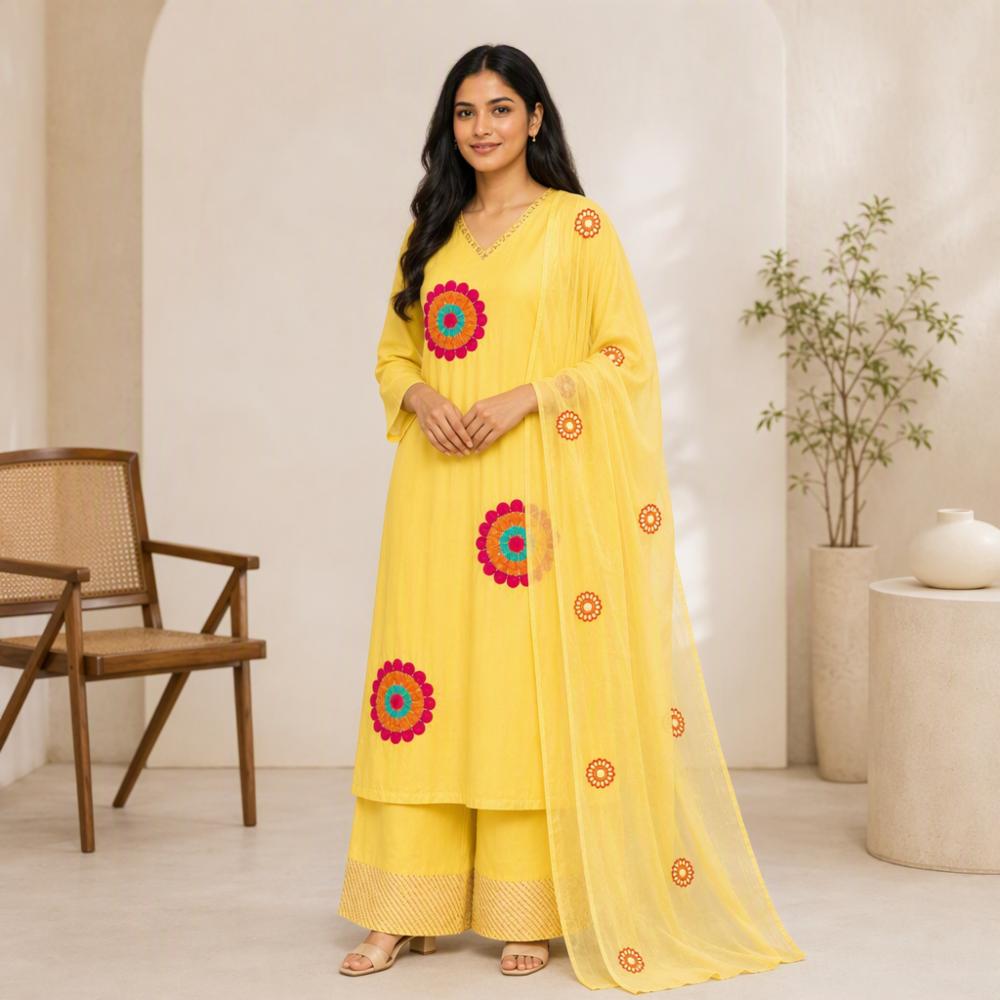 Sunshine Yellow Mul Cotton Kurta Pant Dupatta Set with Floral Embroidery