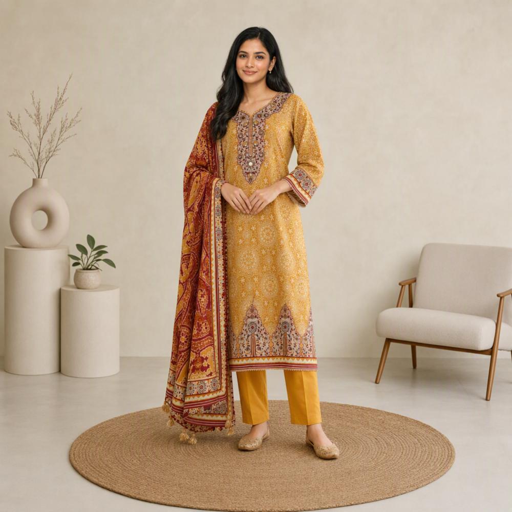 Mustard Yellow Silk Kurta Pant Dupatta Set with Traditional Ethnic Print and Maroon Dupatta