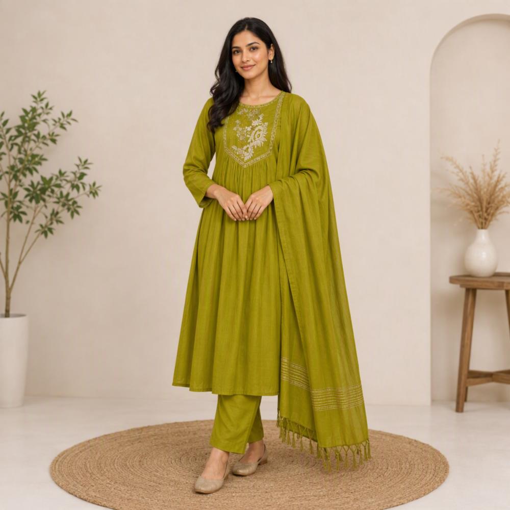 Olive Green Cotton Anarkali Kurta Set with Embroidered Yoke, Pant and Dupatta