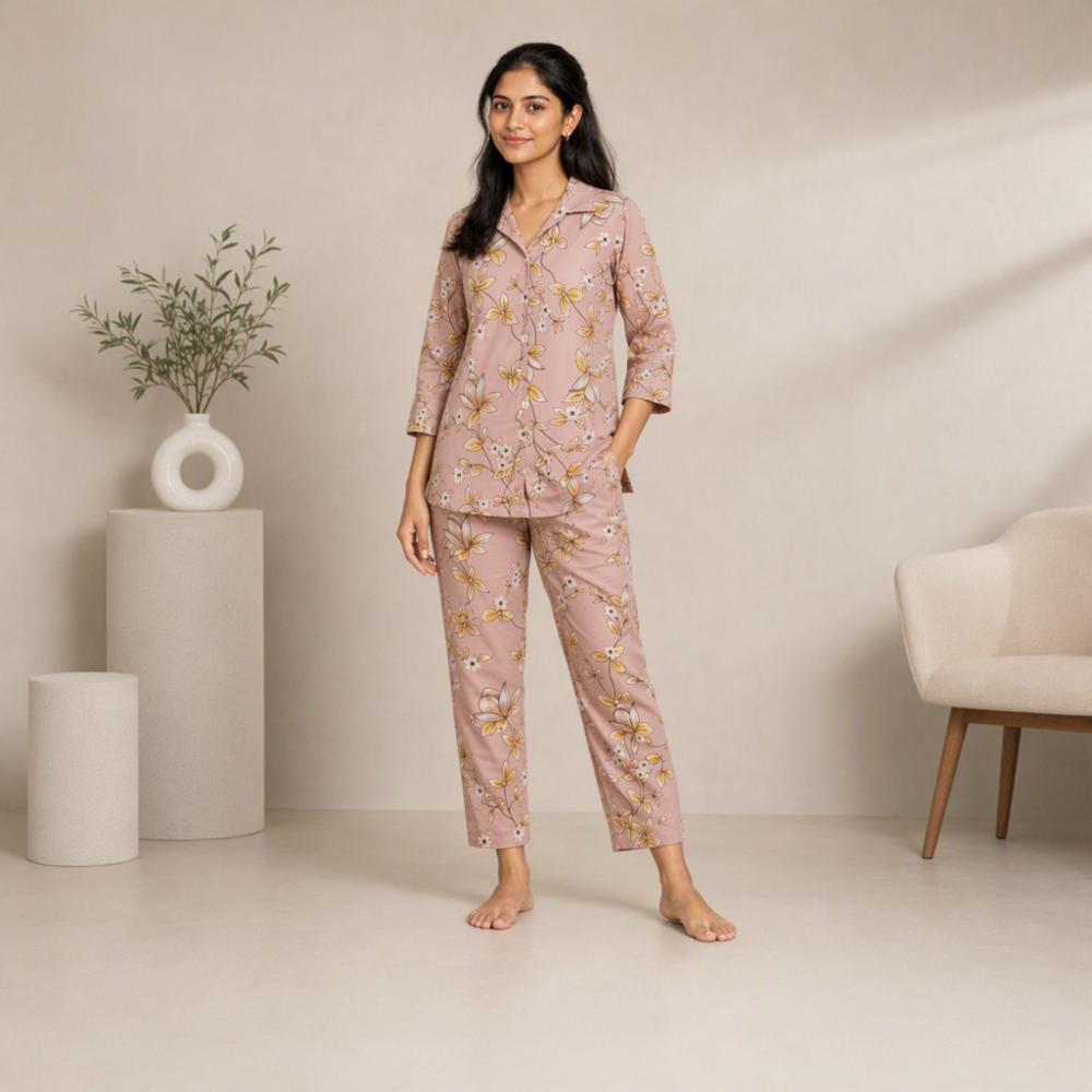 Floral Printed Rayon Cotton Cord Set for Women