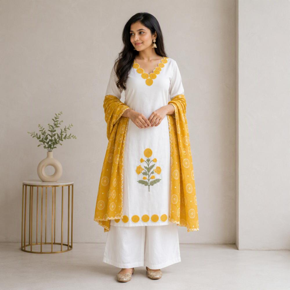 Women's White & Mustard Yellow Grace Cotton Unstitched Suit Material
