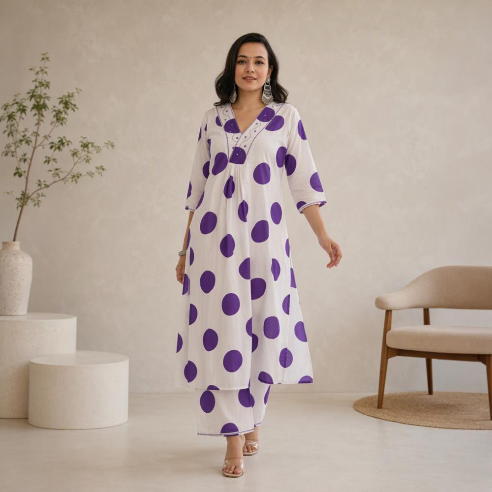 Womenâs White & Purple Polka Dot Printed Rayon Kurta Palazzo Set