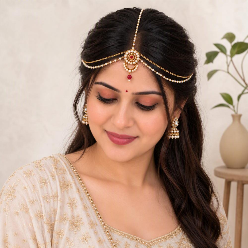 Pearl Bridal Bodla Tikaa & Gold Tone Nose Ring with Ear Chain for Women